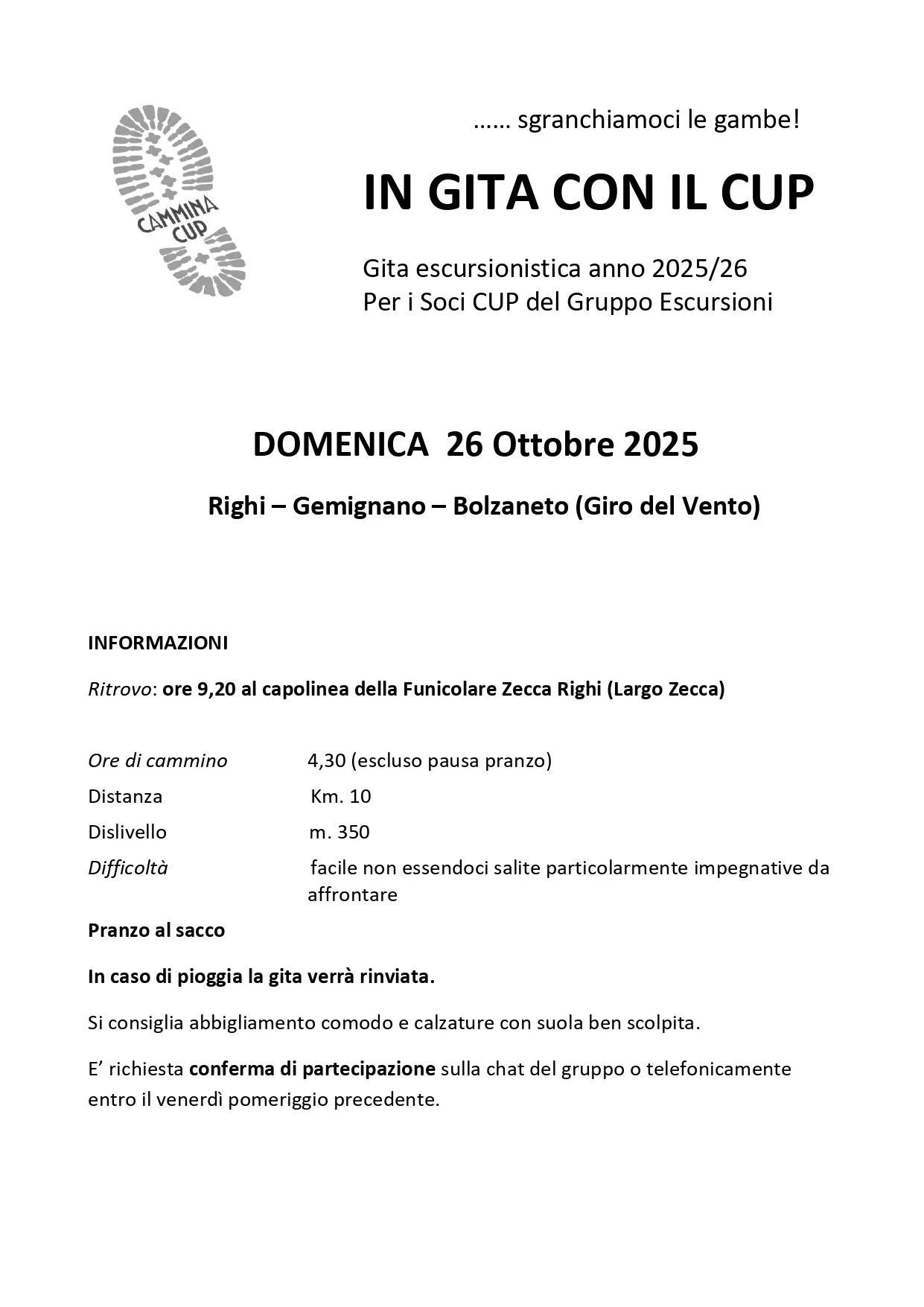 Locandina Escursione 26 Ottobre 2025 Righi San Geminiano Giro del Vento