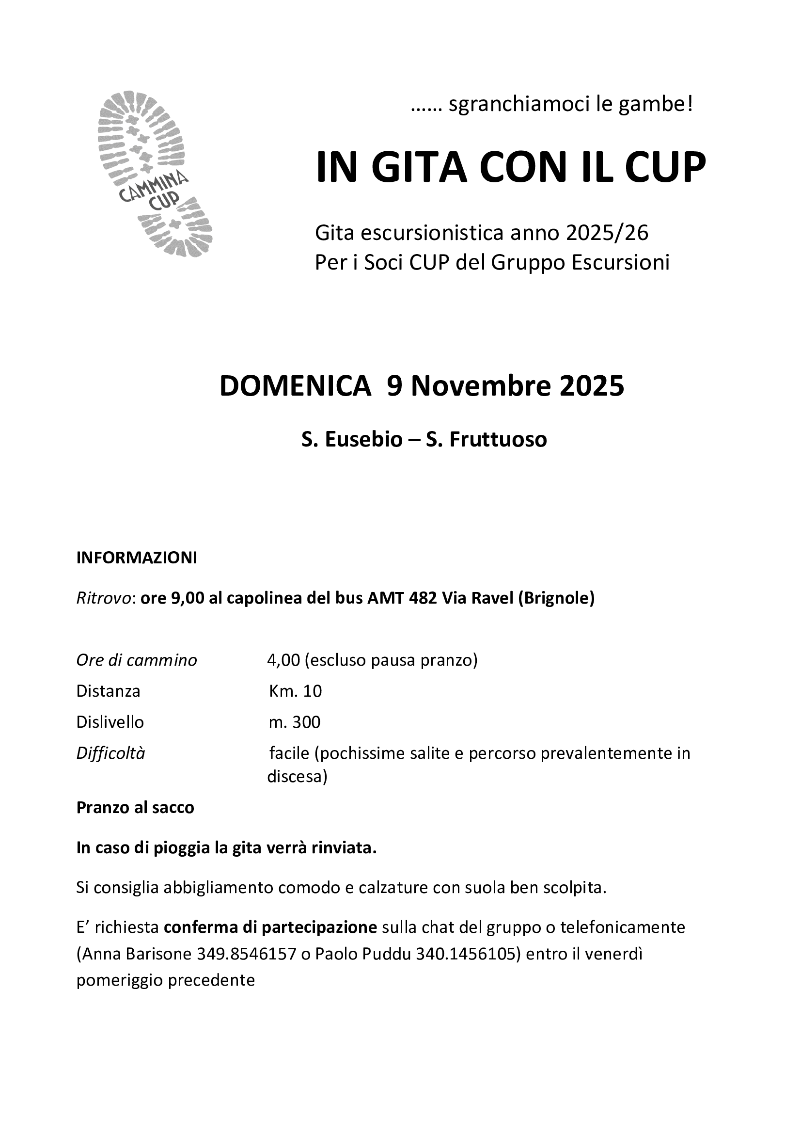 Locandina Escursione 09 Novembre 2025 San Eusebio